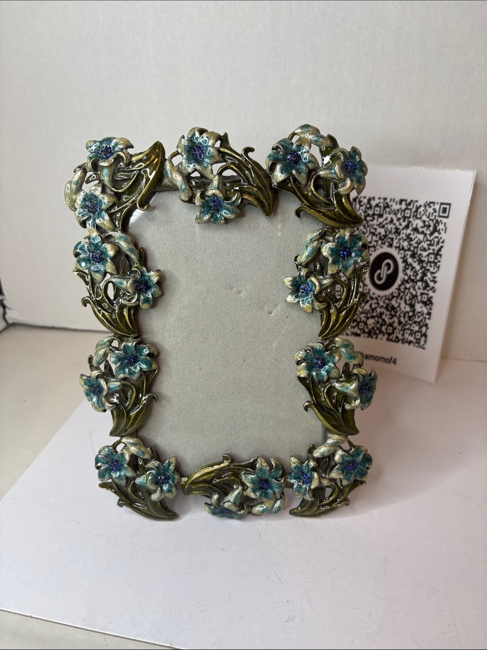 Floral Decorative Picture Frame with Blue Enamel Flowers and Blue Rhinestones